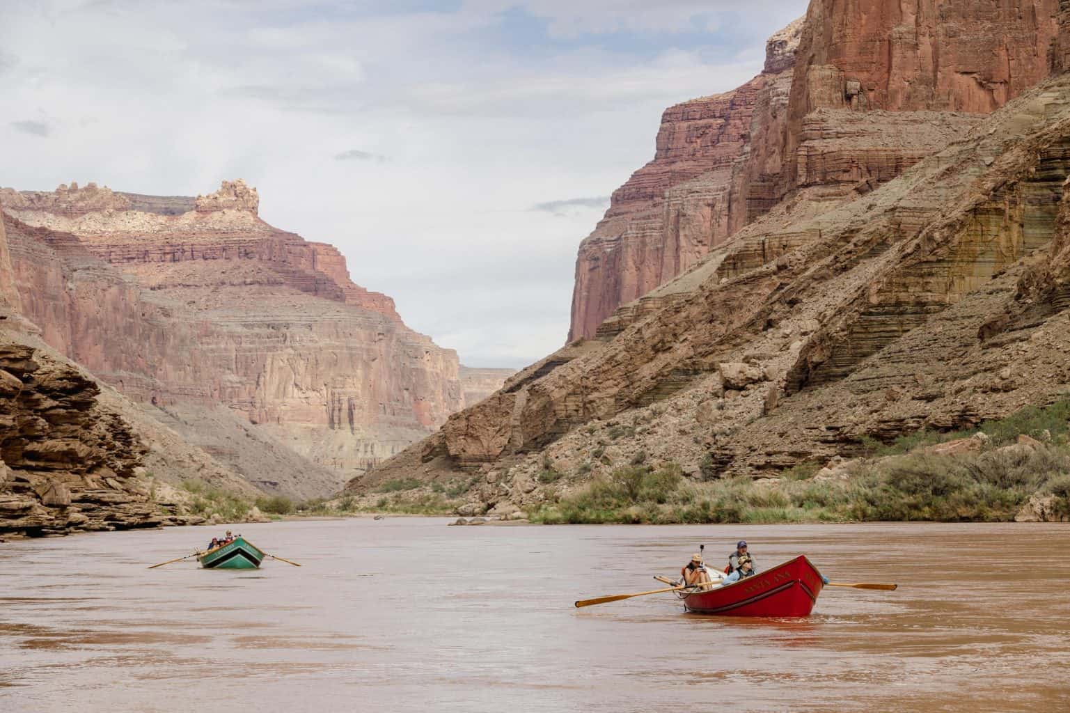 Two dories float near each other in Grand Canyon