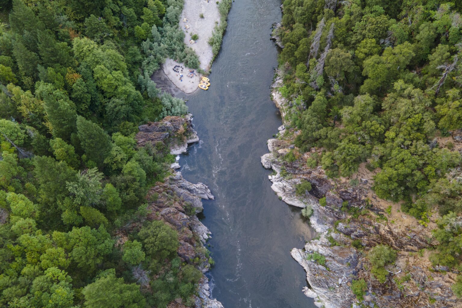 A camp on the Klamath River from above during an OARS rafting trip in 2025.