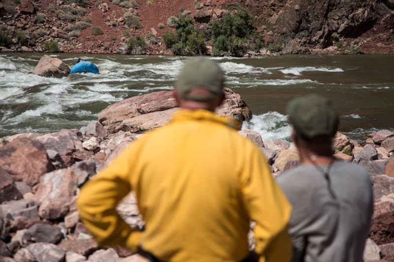 Raft stuck on a rock in Hance Rapid