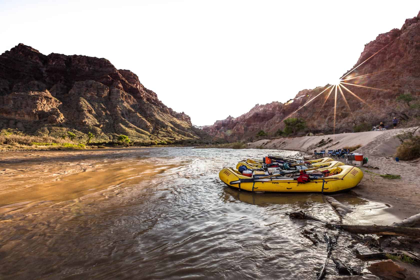 rafts on the river bank at the Grand Canyon.